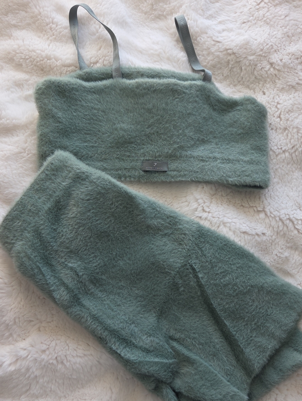Gymshark Fuzzy Bralette and Shorts Set - Sage Green Whitney Simmons